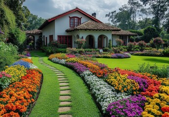 Obraz premium Vibrant Garden Pathway Leading to Charming House Surrounded by Blooming Flowers and Lush Greenery in a Picturesque Landscape Setting