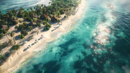 Aerial View of Tropical Island with Clear Turquoise Waters and Sand