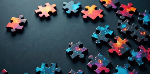 Scattered jigsaw puzzle pieces, several key pieces absent, dark background, brain, disconnection
