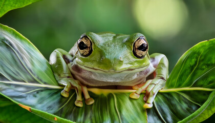A vibrant green frog with large, reflective eyes sits on a leaf, showcasing intricate details and textures. Generative AI