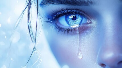 Fototapeta premium Close-up of a woman's eye with a single tear rolling down her cheek, ethereal blue tone.