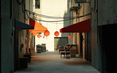 Fototapeta premium Empty Alley With Red Awnings And Lanterns