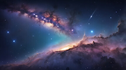 Beautiful milky way galaxy background with nebula cosmos. Stardust in deep space and bright shining stars in universe. Vector illustration.