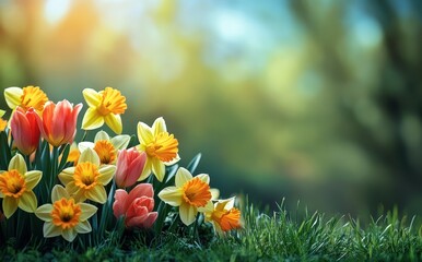 Vibrant Spring Flowers Blooming in a Lush Green Garden with Soft Sunlight Highlighting Colorful Tulips and Daffodils in Nature's Embrace