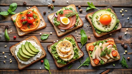 A delightful assortment of open-faced sandwiches featuring various healthy toppings, artfully arranged on a rustic wooden surface.