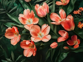 Fototapeta premium Lush Tulip Bouquet Set Against a Vibrant Green Backdrop Radiating Freshness and Natural Elegance in a Modern Floral Display