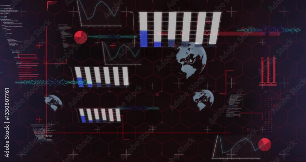 Poster graphs and charts animation over world map on hexagonal patterned background
