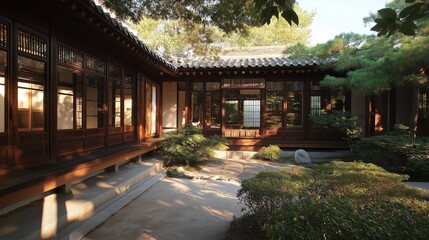 Fototapeta premium Traditional Korean Hanok House with Garden