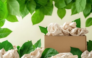 A cardboard box filled with crumpled paper sits among lush green leaves, symbolizing recycling and environmental awareness.