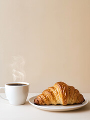 A buttery, flaky croissant sits on a simple white plate,