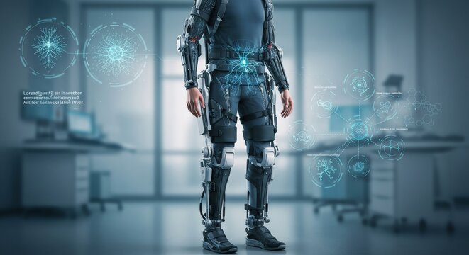 Medical exoskeleton for rehabilitation in hospital. Advanced robotic technology for patient mobility. Future of healthcare and assistive devices in physical therapy. - Powered by Adobe