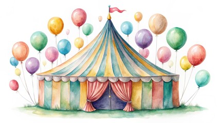 Fototapeta premium A whimsical watercolor painting of a vibrant striped circus tent, surrounded by a cluster of colorful balloons, evoking a sense of festive joy and childlike wonder.
