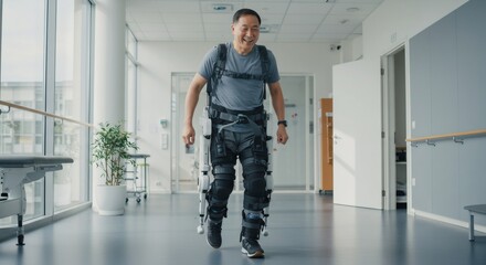 Asian man walking with robotic exoskeleton in hospital corridor. Medical rehabilitation technology for mobility assistance. Innovative healthcare concept.