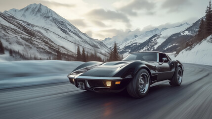 Black sports car speeding on a snowy mountain road.
