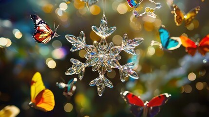 Crystal snowflake ornament with colorful butterflies.