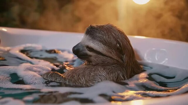 Adorable sloth lounging in a hot tub surrounded by warm steam and soft lighting.