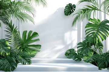 Fototapeta premium White stage with decorative tropical plants and sunlight shadows
