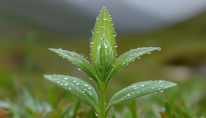 Closeup Of Dew Drops On Green Plant Leaves
