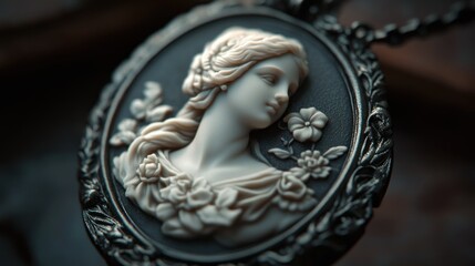 A beautiful cameo pendant depicting a woman in floral design