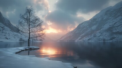 Serene Winter Landscape with Snow, Lake, Mountains, and Tree