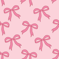 cute coquette aesthetic pattern seamless pink ribbon bow isolated on pink background.
