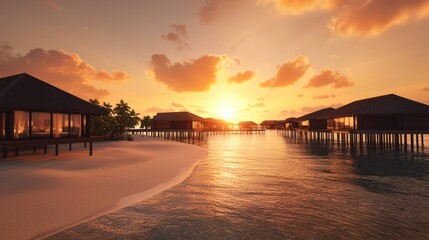 Sunset overwater bungalows on tropical beach.