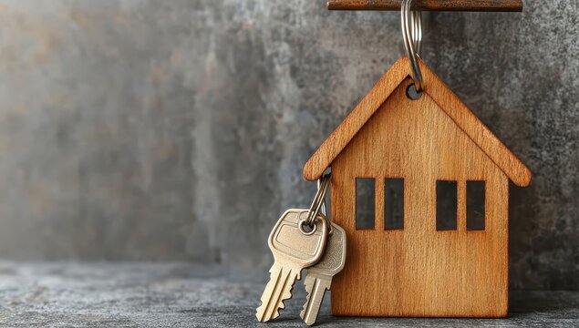 Wooden house keychain with keys on a textured background ideal for concepts related to home ownership and real estate services