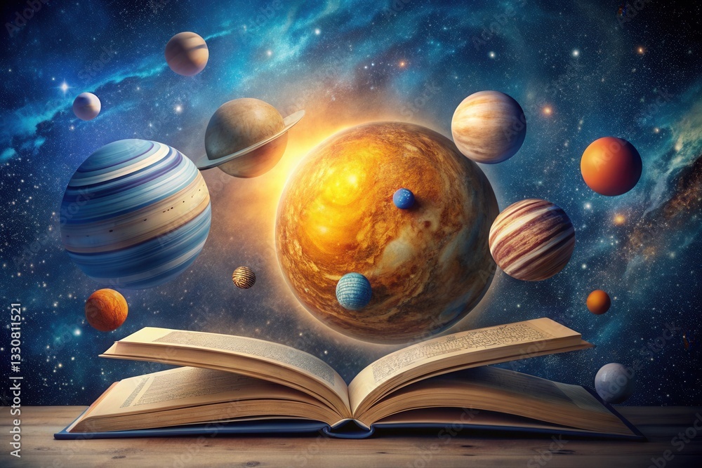 Wall mural a cosmic spectacle unfolds from the pages of an open book, showcasing a vibrant array of planets and