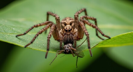 Fototapeta premium Macro Photography of a Wolf Spider Devouring its Prey on a Lush Green Leaf in a Natural Habitat