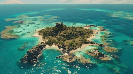 Aerial View of Remote Island Surrounded by Turquoise Waters