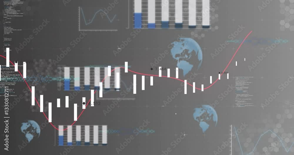 Wall mural financial data charts and graphs with world map animation on gray background