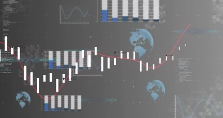Financial data charts and graphs with world map animation on gray background