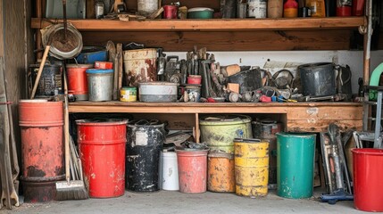 A cluttered workshop displays various storage and work related items