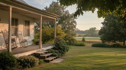 Naklejka premium A weathered country home with a wooden porch and rocking chairs