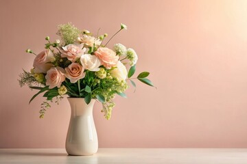 Naklejka premium A delicate arrangement of blush and ivory roses, nestled amongst lush greenery, sits elegantly in a pristine white vase against a soft, rosy backdrop.