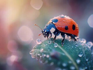 Fototapeta premium Lady bug on a leaf filled with dew