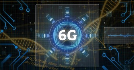 Animation of 6G technology concept with digital interface over DNA strand background - Powered by Adobe