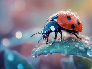 Fototapeta premium Lady bug on a leaf filled with dew