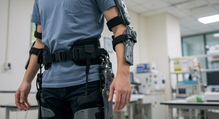 Man wearing robotic exoskeleton arm in medical facility. Rehabilitation technology for patients with limb disabilities. Futuristic biomedical engineering concept.