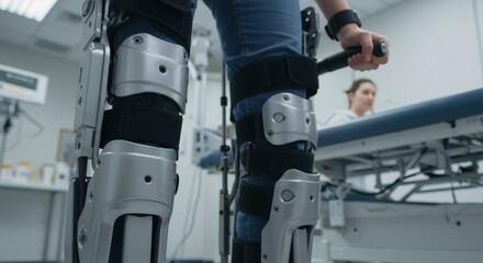 Exoskeleton leg braces for medical rehabilitation. Advanced technology aiding patient recovery. Physical therapy innovation in healthcare facility. Mobility assistance device.
