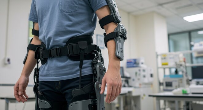 Man wearing robotic exoskeleton arm in medical facility. Rehabilitation technology for patients with limb disabilities. Futuristic biomedical engineering concept.