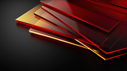 Red and Gold Glass Sheets Arranged in an Angular Pattern on the Right Side with Transparent Texture, Gradient Colors, and Elegant Light Reflections Against a Black Background