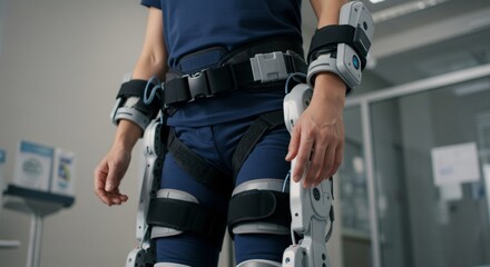 Robotic exoskeleton for medical rehabilitation. Innovative technology assisting patient mobility and recovery. Lower body support device in hospital setting.