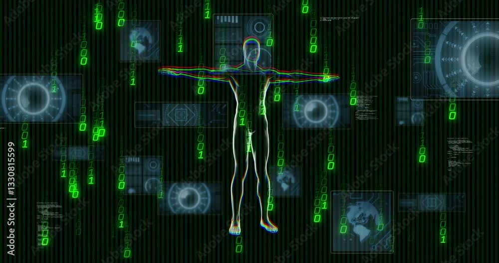 Poster human silhouette with digital data and binary code animation in background