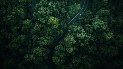 A winding road travels through a lush green and dense forest
