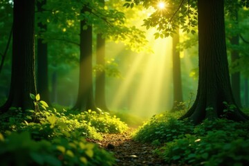Golden sunlight streams through leaves, illuminating emerald forest , beautiful, idyllic