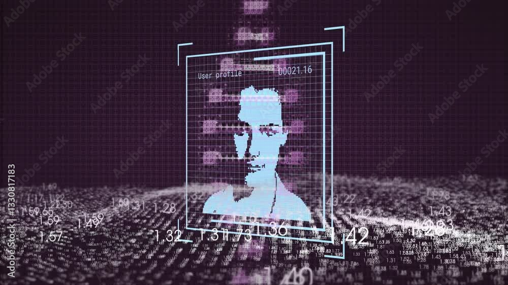 Poster analyzing data using digital face recognition with animation over numerical background