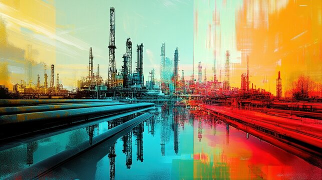 A colorful industrial landscape featuring large towering refinery structures
