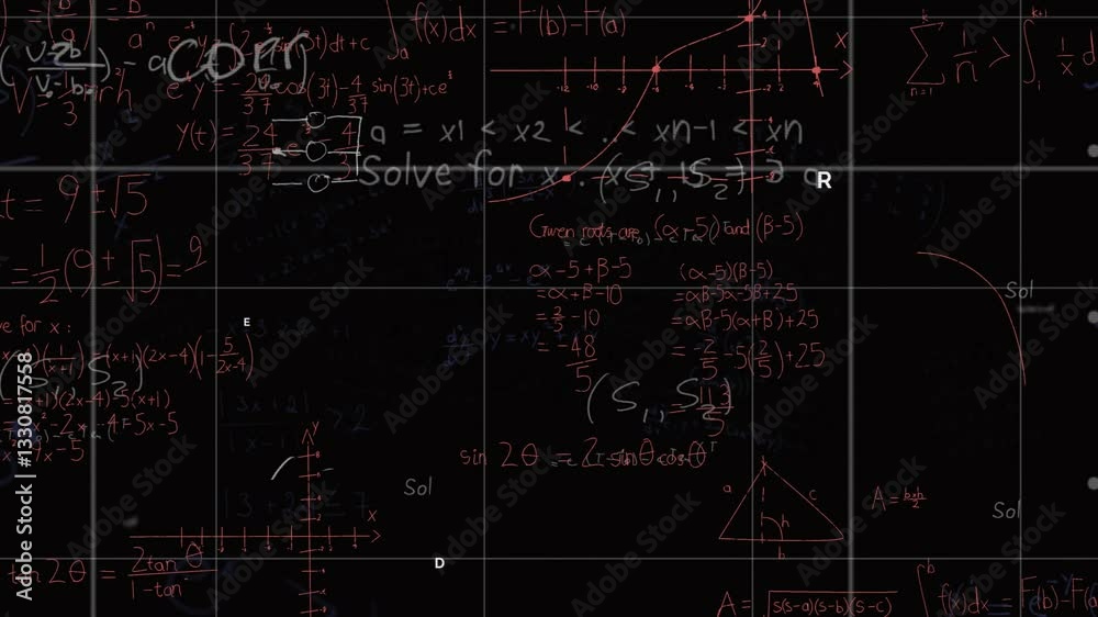 Poster animation of mathematical equations and graphs with annotations on dark background