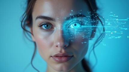 Woman with digital eye overlay. Futuristic biometric scan concept. Cybersecurity and identity verification technology. Artificial intelligence in healthcare.